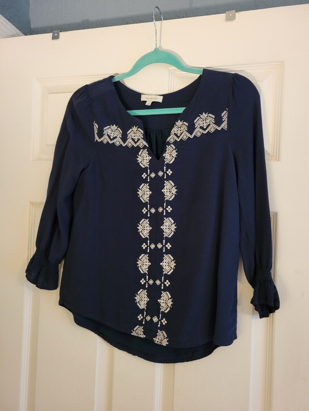 Skies Are Blue Embroidered Navy Blue Women's Peasant Blouse Size XS